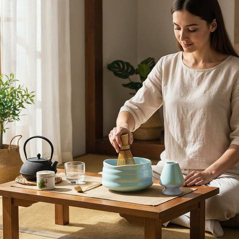 Gewurzladen Nafels Frau bereitet Matcha Tee mit Besen und hellblauer Schale auf einem niedrigen Holztisch zu.