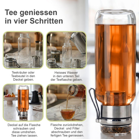 Glas Teeflasche 1000ml mit Sieb – Drehbare Teeflasche aus Borosilikatglas