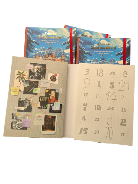 Gewurzladen Nafels Geöffneter Rhyner Mystery Adventskalender mit Verdächtigen-Tafel und nummerierten Pralinen-Türchen.
