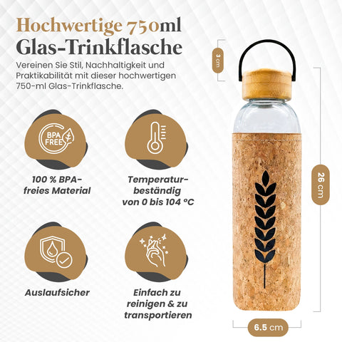 Glas Trinkflasche 750 ml mit Kork & Bambus