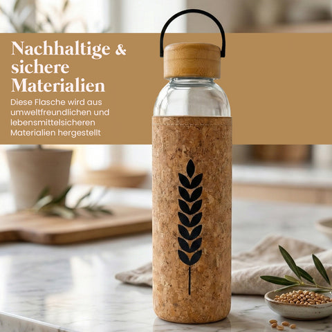 Glas-Trinkflasche mit Korkhülle & Bambusdeckel, 750 ml