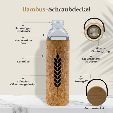 Glas-Trinkflasche mit Korkhülle & Bambusdeckel, 750 ml