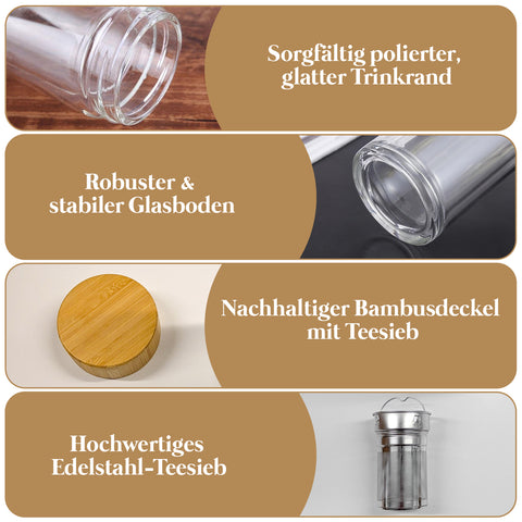 Doppelwandige Glas-Teeflasche mit Teesieb 500 ml