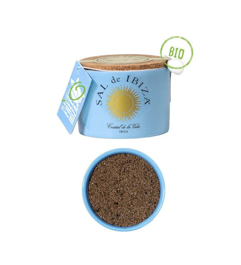 Sal de Ibiza Fleur de Sel Mar Blau BIO 140g – Meersalz mit schwarzem Knoblauchpulver"