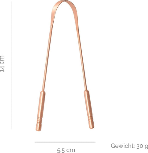 Gewurzladen Nafels Zungenreiniger aus Kupfer mit angegebenen Maßen (14 cm, 5.5 cm).