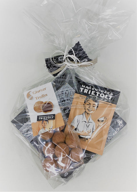 Geschenk schwarze Serviette mit Magenträs
