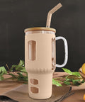 Glasbecher mit Strohhalm & Bambusdeckel – für Auto-Becherhalter, beige