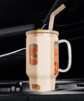 Glasbecher mit Strohhalm & Bambusdeckel – für Auto-Becherhalter, beige