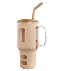 Glasbecher mit Strohhalm & Bambusdeckel – für Auto-Becherhalter, beige