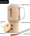 Glasbecher mit Strohhalm & Bambusdeckel – für Auto-Becherhalter, beige