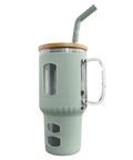 Glasbecher mit Strohhalm & Bambusdeckel – für Auto-Becherhalter, olive