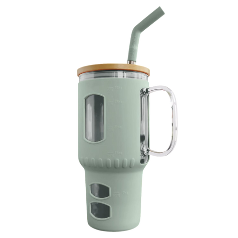 Glasbecher mit Strohhalm & Bambusdeckel – für Auto-Becherhalter, olive