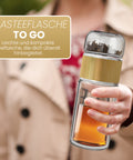 Drehbare Teeflasche aus hitzebeständigem Glas mit Teefilter - to go, 240 ml, gold