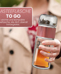 Drehbare Teeflasche aus hitzebeständigem Glas mit Teefilter - to go, 240 ml, pink