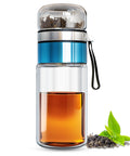 Drehbare Teeflasche aus hitzebeständigem Glas mit Teefilter - to go, 320 ml, blau