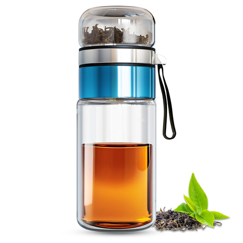 Drehbare Teeflasche aus hitzebeständigem Glas mit Teefilter - to go, 320 ml, blau