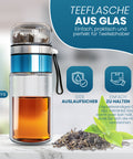 Drehbare Teeflasche aus hitzebeständigem Glas mit Teefilter - to go, 320 ml, blau
