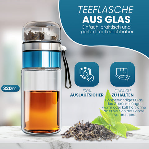 Drehbare Teeflasche aus hitzebeständigem Glas mit Teefilter - to go, 320 ml, blau