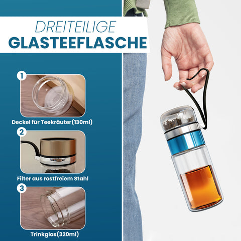 Drehbare Teeflasche aus hitzebeständigem Glas mit Teefilter - to go, 320 ml, blau