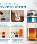 Drehbare Teeflasche aus hitzebeständigem Glas mit Teefilter - to go, 320 ml, blau