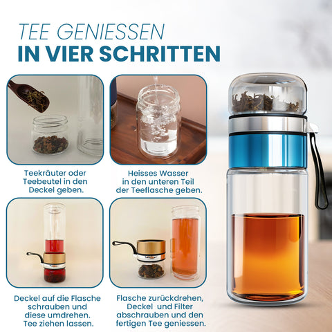Drehbare Teeflasche aus hitzebeständigem Glas mit Teefilter - to go, 320 ml, blau