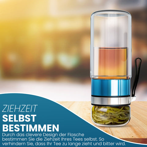 Drehbare Teeflasche aus hitzebeständigem Glas mit Teefilter - to go, 320 ml, blau