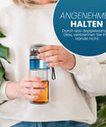 Drehbare Teeflasche aus hitzebeständigem Glas mit Teefilter - to go, 320 ml, blau
