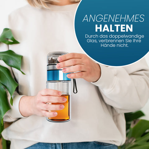 Drehbare Teeflasche aus hitzebeständigem Glas mit Teefilter - to go, 320 ml, blau