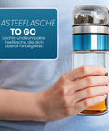 Drehbare Teeflasche aus hitzebeständigem Glas mit Teefilter - to go, 320 ml, blau