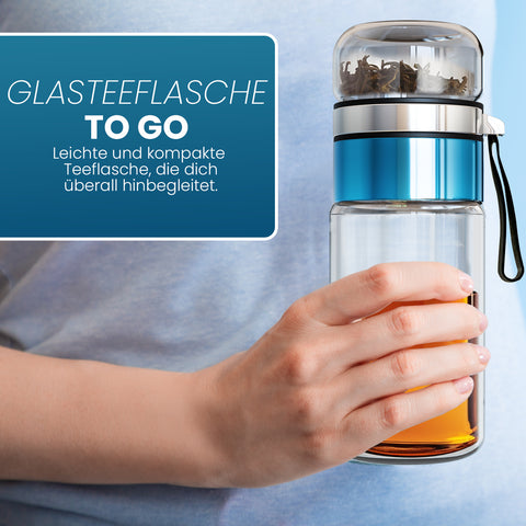 Drehbare Teeflasche aus hitzebeständigem Glas mit Teefilter - to go, 320 ml, blau